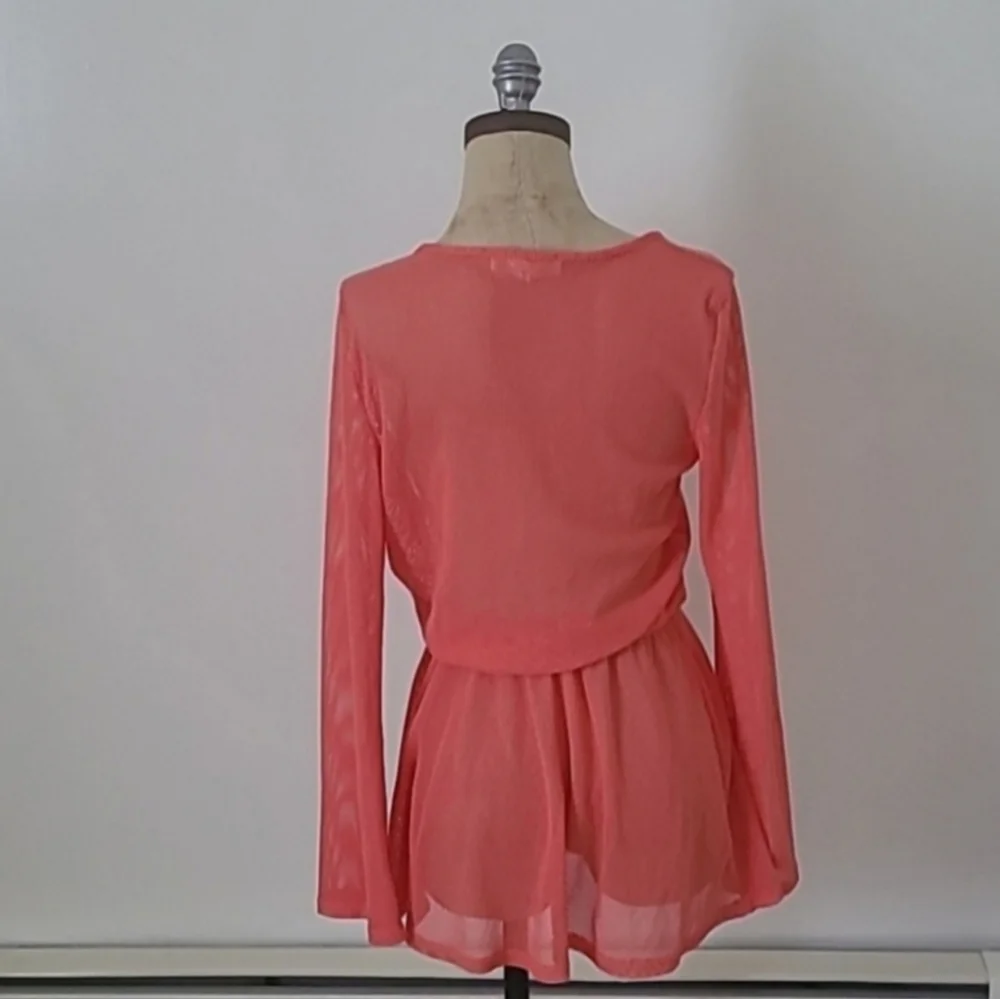 Francesca's Resortwear Mesh Long Sleeve Coral Mini Dress Coverup M/L